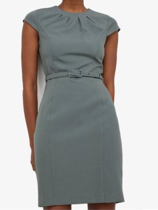 H&M Dresses & Skirts - NWT H&M Belted Midi Office Dress Cap Sleeve Green - Size XXS